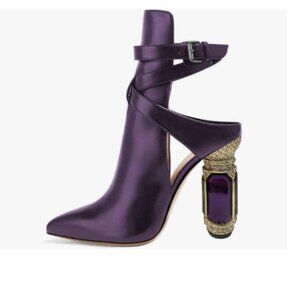 FSJ Purple Crystal Pointed Toe Crystal Block  High Heels BootieAnkle Wrap Shoes